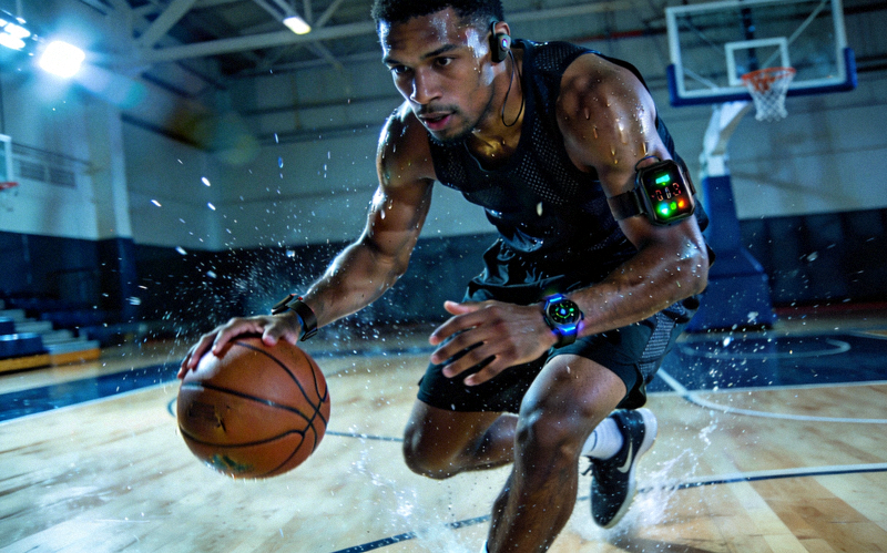专业篮球运动员使用智能装备进行高强度训练场景