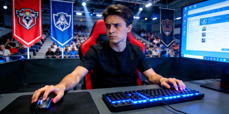 电竞选手在比赛现场专注操作键盘鼠标的紧张场景