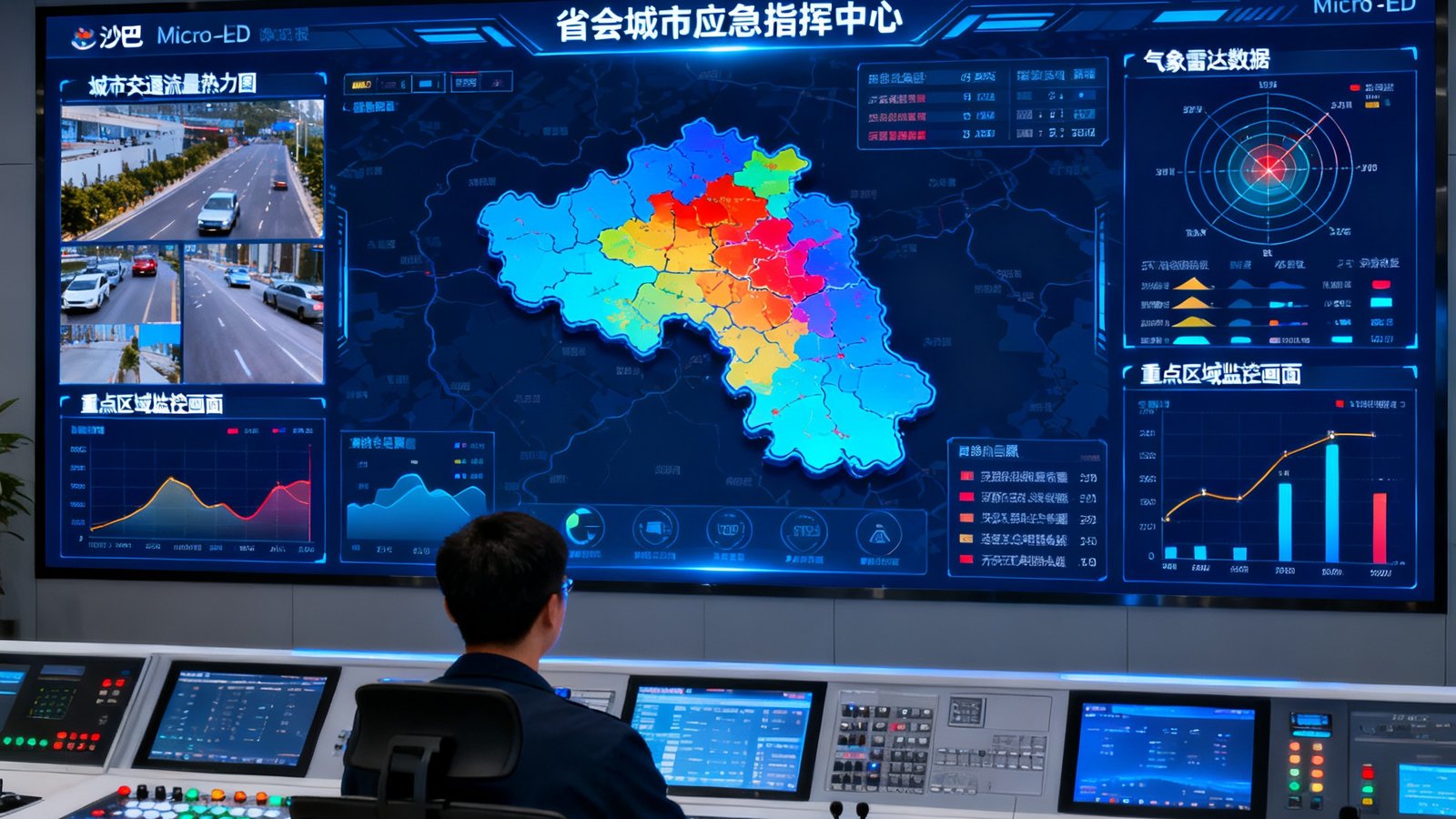 某省会城市应急指挥中心，沙巴Micro LED大屏正在实时展示城市交通流量热力图、气象雷达数据和重点区域监控画面，多路信号源通过分布式处理器无缝接入，操作员在控制台前进行调度。